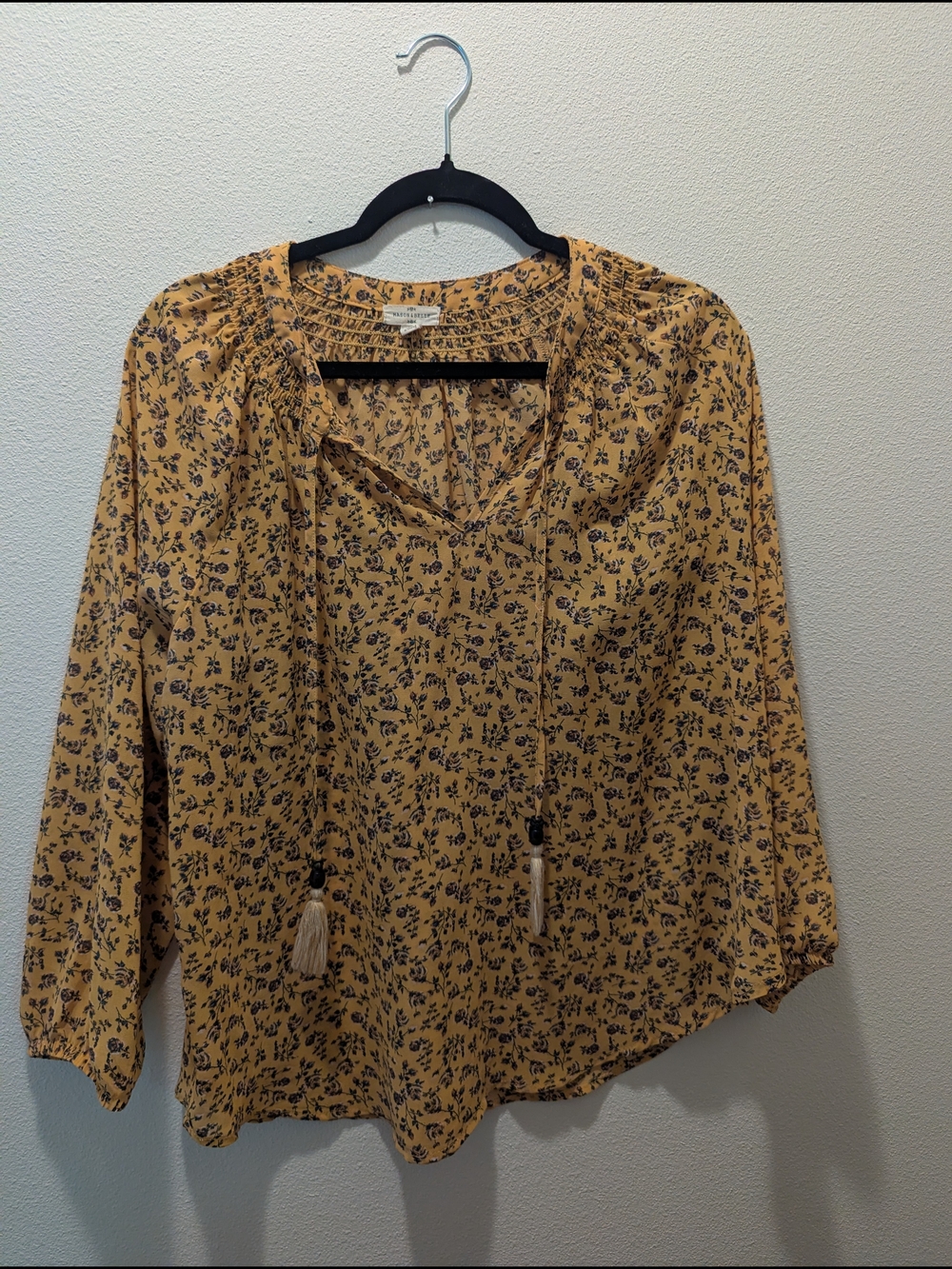 Women's Mustard Floral Peasant Blouse with Tassel Tie Size L